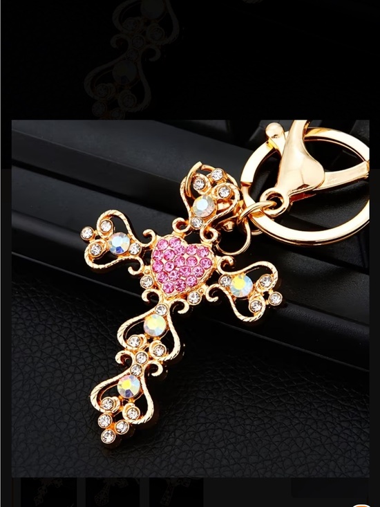 Accessories - Gold Crystal Cross Keychain with Pink Heart